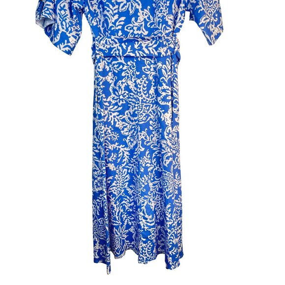 ZARA Large Blue & White Floral Belted Button-Down Midi Dress L Linen Blend Moroc - Picture 12 of 16